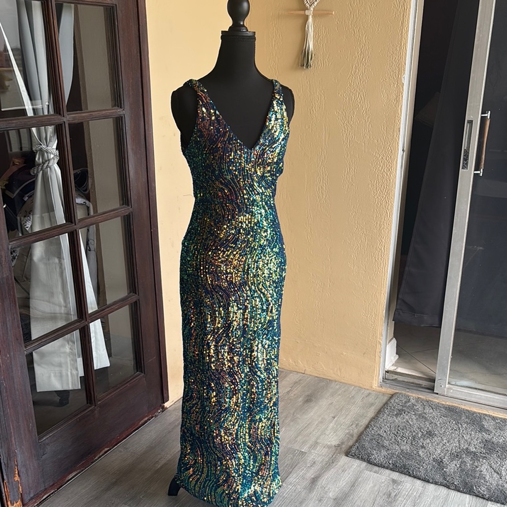Night Way Collections Green and Gold Sequin Sleeveless Gown for Prom